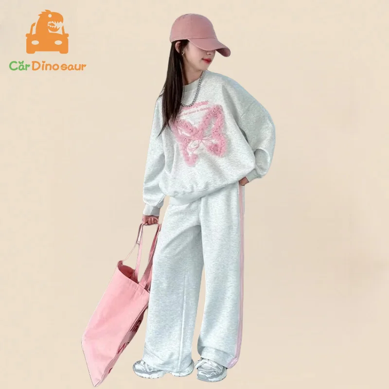 2025 Autumn Spring New 6 8 10 12 14 16 Years Teenager Outfits Kids Butterfly Sweatshirt+Wide Leg Pants Two Pieces Kids Girls Set
