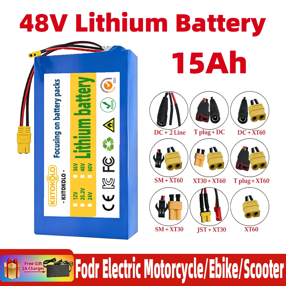 

Аккумулятор для электровелосипеда 48В 15Ач, литий-ионный блок 18650 13S7P с BMS + зарядное устройство 54.6В для электросамоката/электровелосипеда