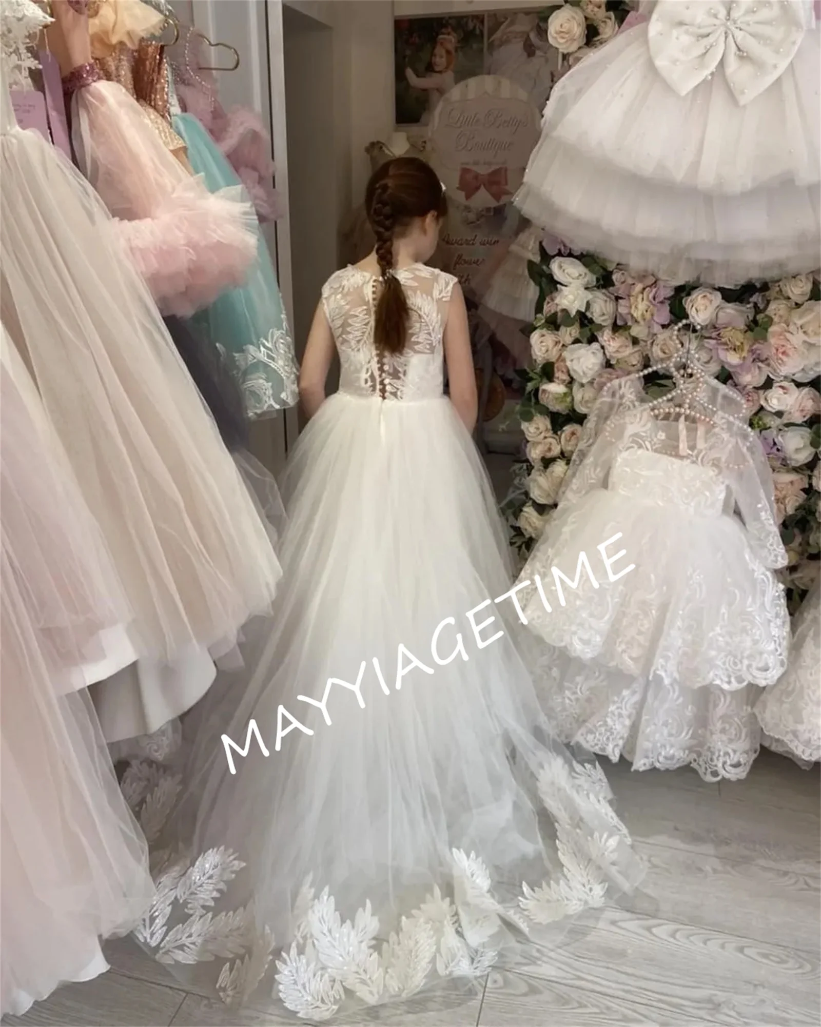 Vestidos florais de festa de comunhão, vestido branco A, longo maxi tutu, folhas sem mangas, apliquinhos florais, princesa, 2022