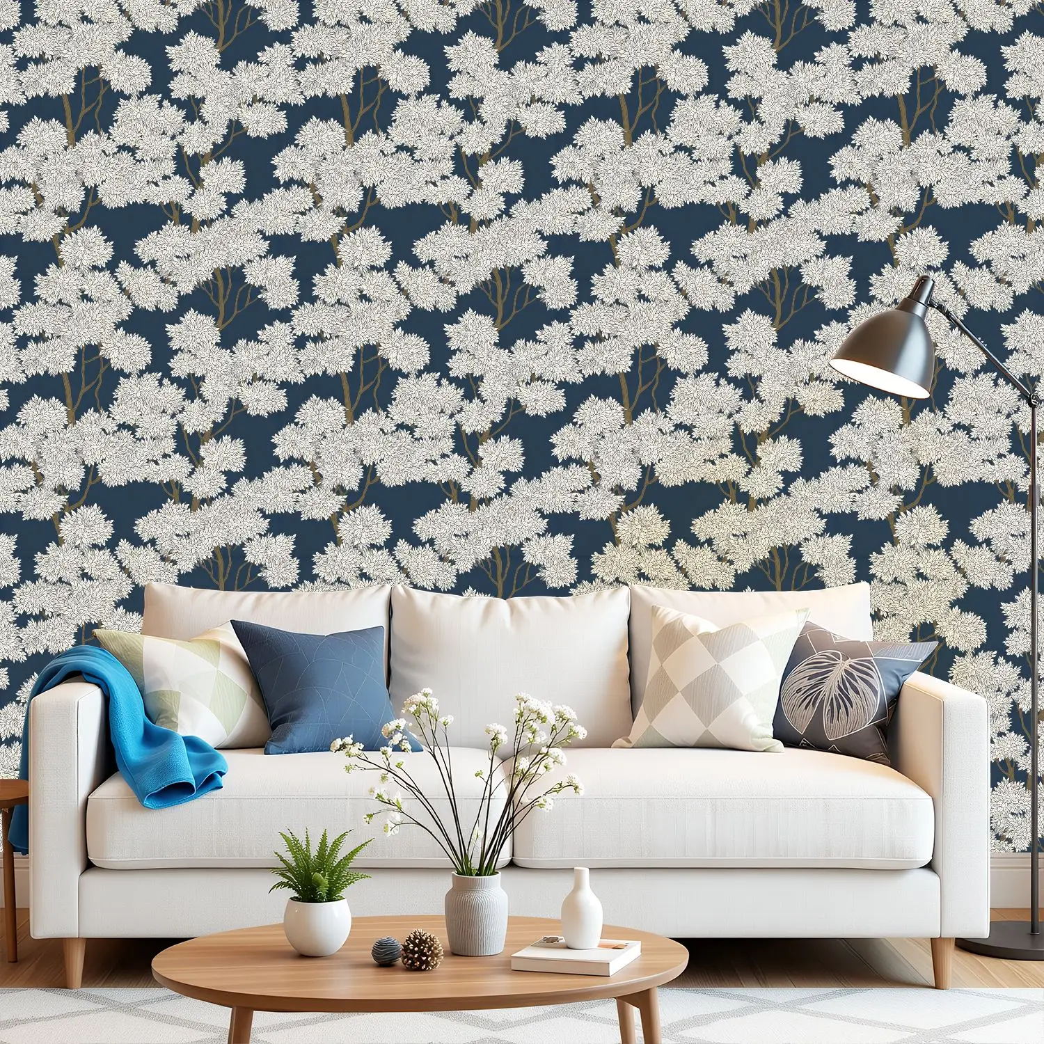 

Обои с цветочным деревом и белыми листьями 22,83 "X 118" Водонепроницаемые обои для гостиной/спальни/ванной комнаты ПВХ стикер на стену