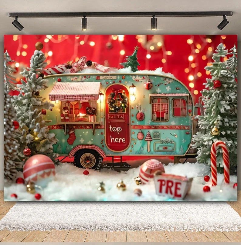 Kersttruck Achtergrond Voor Fotografie Kerstboom Geschenken Winter Bos Candy Cane Kids Familie Feest Achtergrond Fotostudio