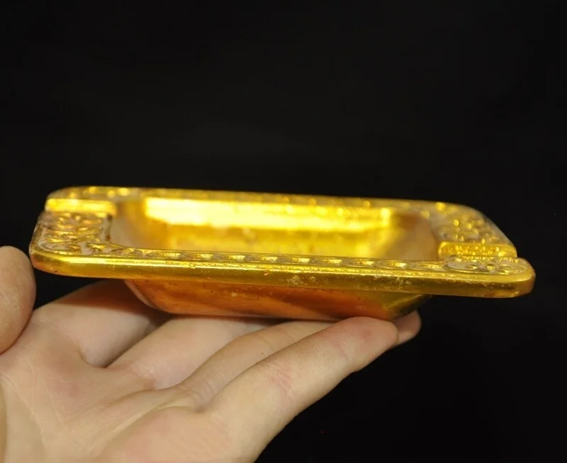 44-china-ancient-bronze-gilt-fengshui-flowers-design-pen-wash-ashtray-statue