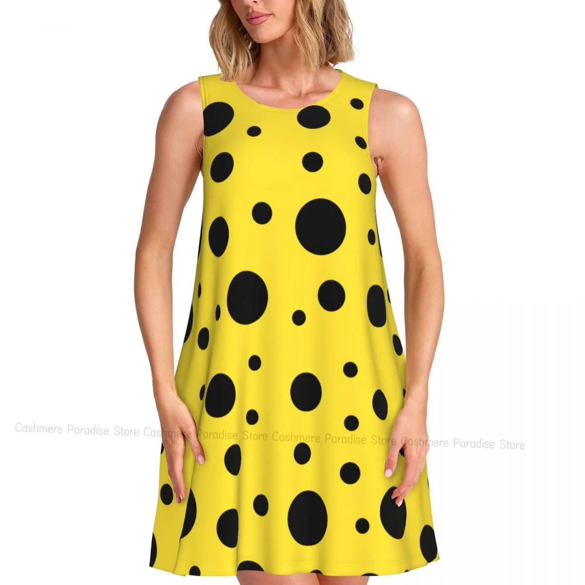 Robes d'été pour femmes, t-shirt de plage, sans manches, fond jaune avec pois noirs, robe débardeur ample décontractée, 2025