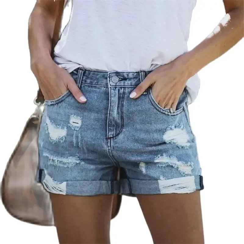 

Women Stretch Denim Shorts 2024 Fashion Vintage Broken Holes Straight Three Quarter Pants Female Commuter Breechcloth Streetwear