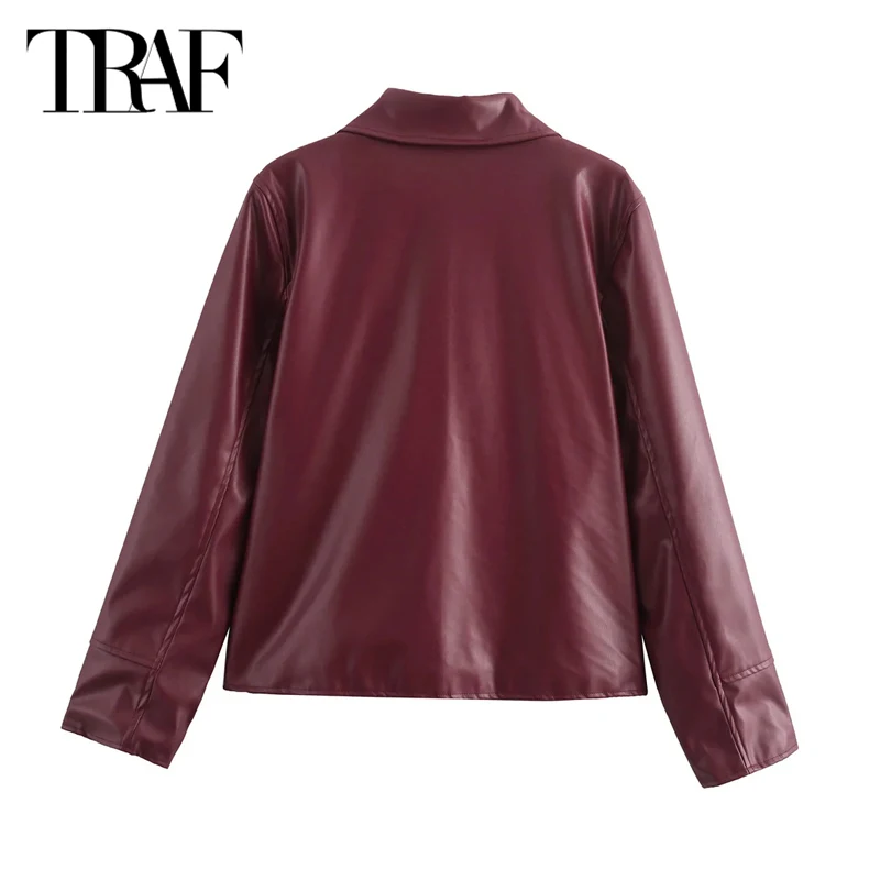 TRAF Faux Leather Jacket Odzież wierzchnia 2024 Damska kurtka jesienno-zimowa Winered Coat Ladies Fashoin Streetwear Płaszcz z długim rękawem