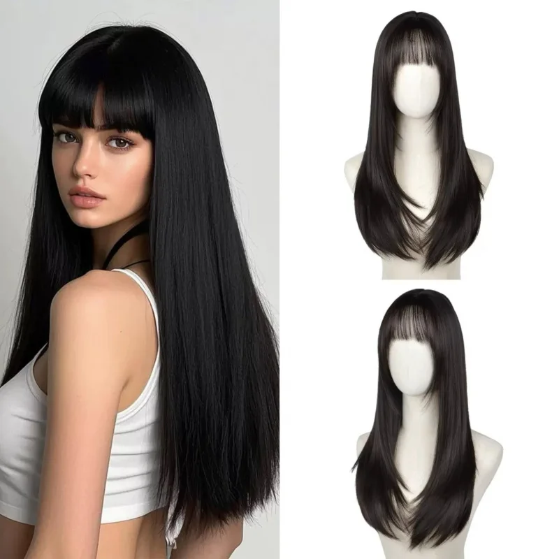 

Women's long straight hair with air bangs, natural and realistic synthetic full head , high-temperature fiber wig