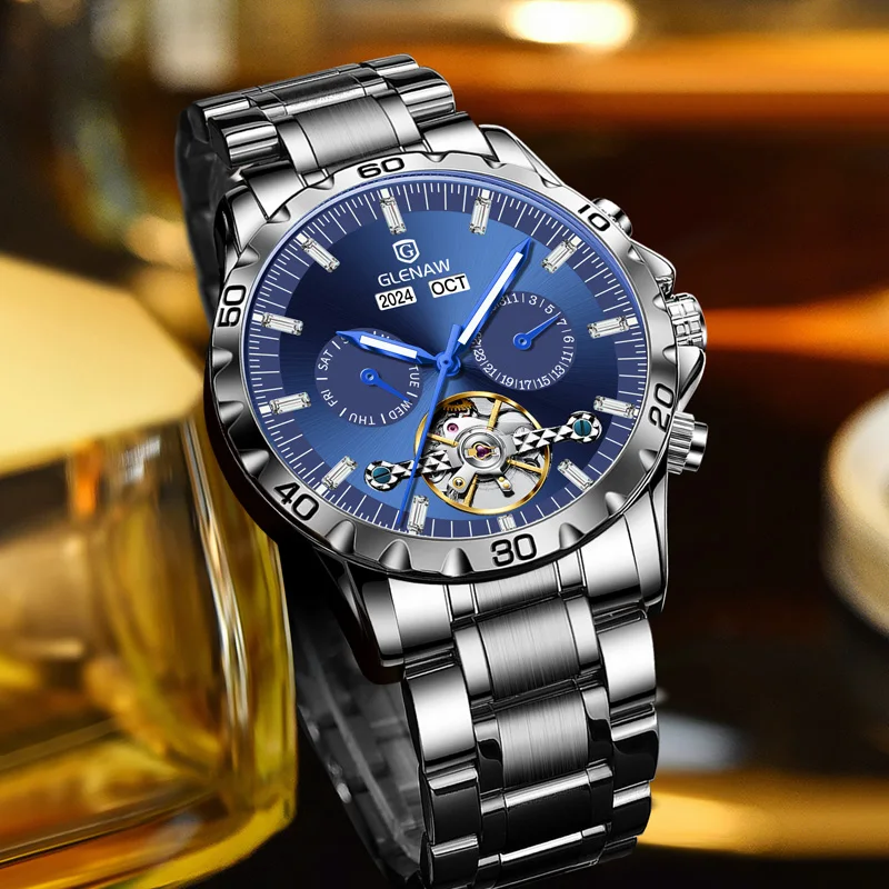 

GLENAW Year Month Sunday Multi-functional Mechanical Watch Men luxurious Stainless steel watch strap Waterproof Automatic watch