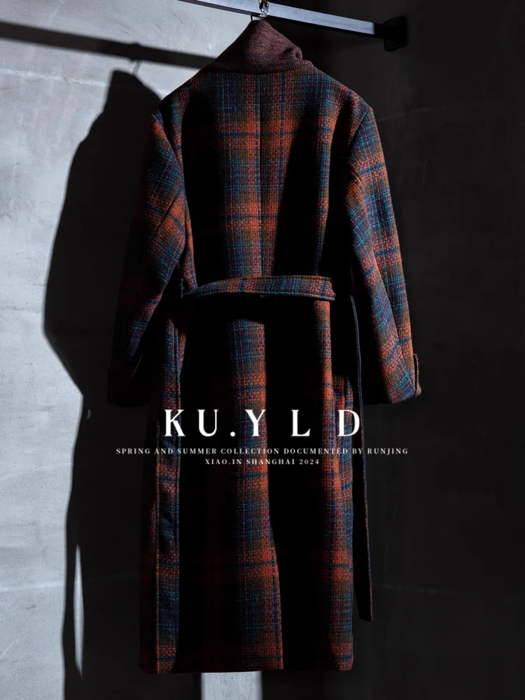 DFDG Cappotto scozzese in lana a blocchi di colore vintage elegante da donna 2025 Cappotto autunnale con colletto alla coreana monopetto invernale con cintura oversize