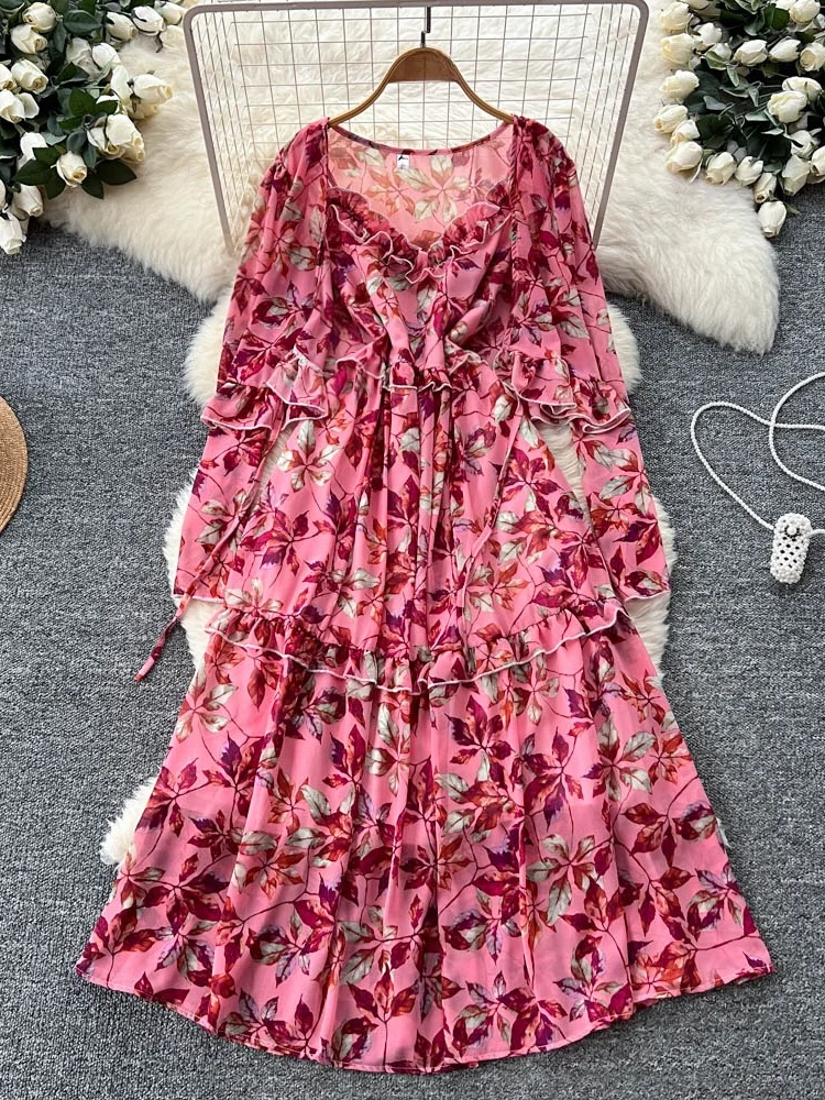 Vestido F de Manga Longa com Estampa Floral Retrô, Estilo Solto em A, Cintura Alta, Fibra de Poliéster, Versão Coreana...