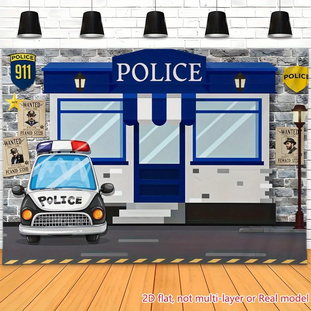 2D Flat, Police Station Car Cartoon Tapestry Kids Room Decor Playful Law Enforcement Theme Wall Hanging Birthday Party Backdrop
