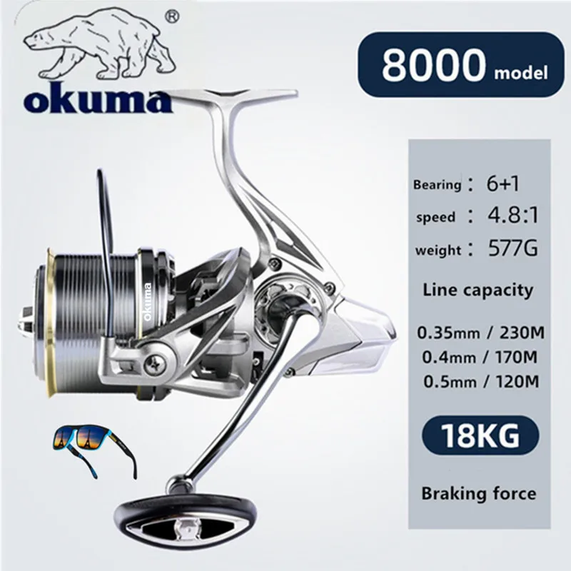 OKUMA 8000-14000 Angelgerät, maximaler Widerstand 4,8:1, 20 kg lange Linse, Meerwasser- und Süßwasser 17+1 Lager, feste Spulenrolle