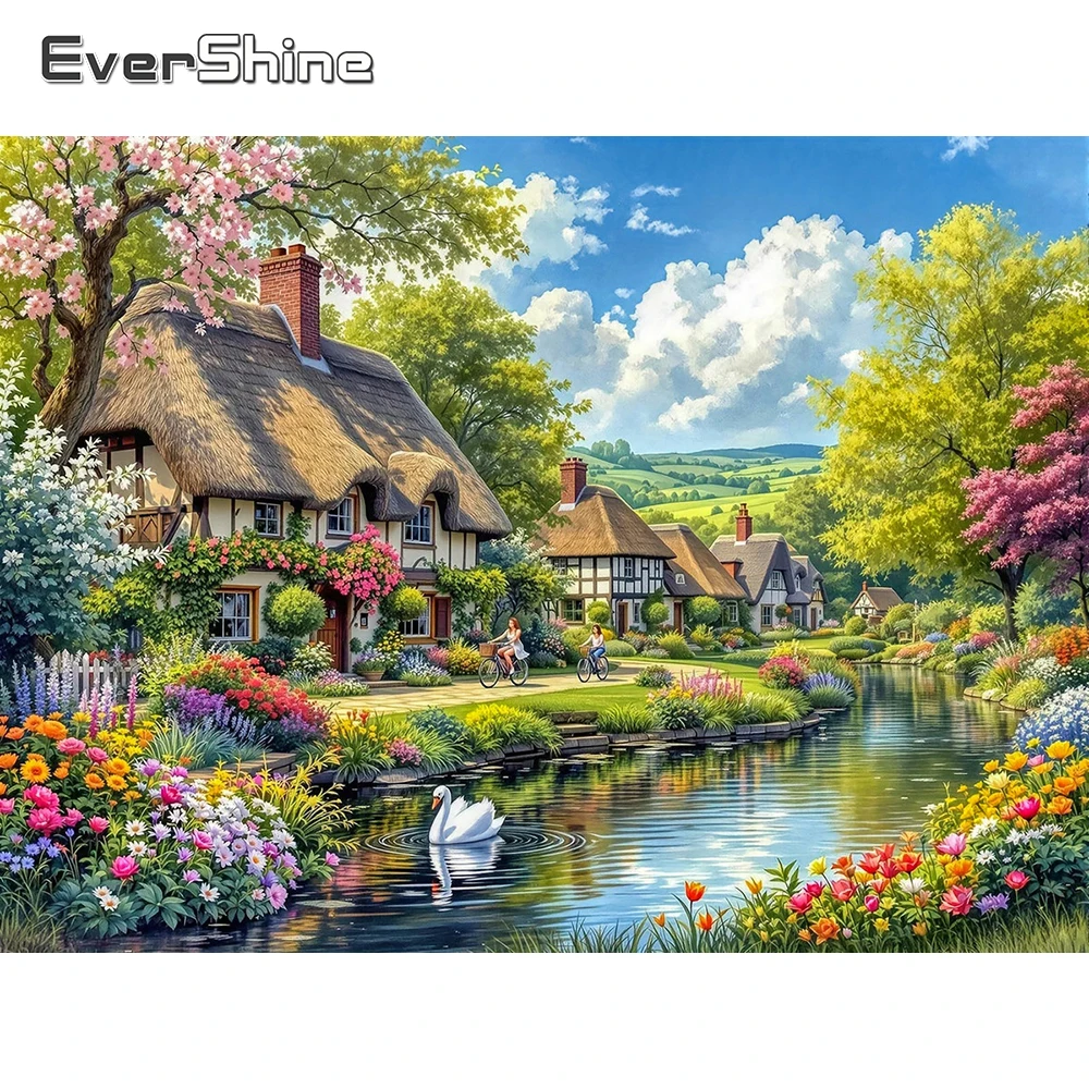 EverShine Diamant-Stickerei Haus und Garten Vollquadrat-Mosaik Landschaft Baum Strass Diamantmalerei Blume Handgemachtes Geschenk