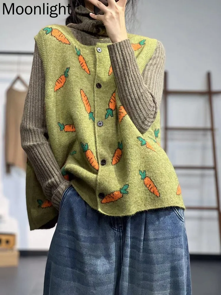 Vintage Carrot Print Knitted Vest Coat Women Autumn Fashion O-neck Casual Loose Oversized Waistcoat Female Sleeveless Cardigan