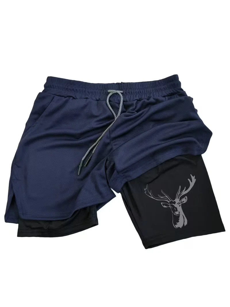 Men's summer breathable dual-purpose double-layer shorts with elastic compression and quick drying multifunctional sports shorts