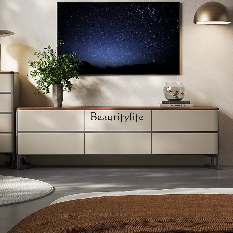 

ld14 Italian Minimalist TV Cabinet Light Luxury High-end Sense Simple High-end Leather Floor-standing Solid Wood Storage Cabinet