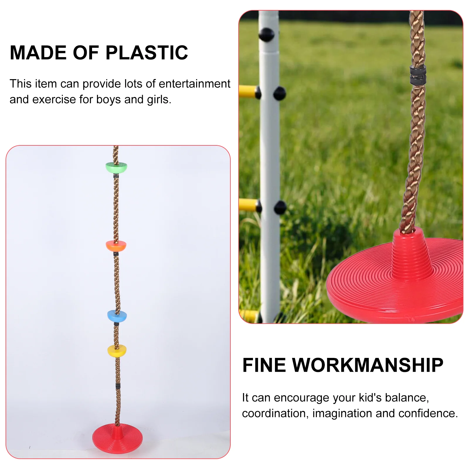 스윙 디스크 시트 등반 로프, 플랫폼 및 다채로운 장난감, 야외 카라비너 벨 부착, 어린이 플라스틱 레크리에이션