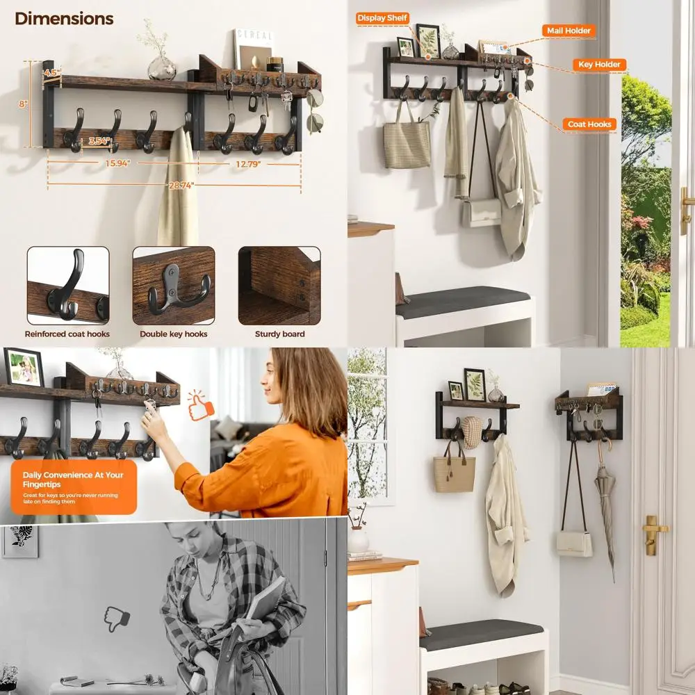 

Вешалка для одежды 29 дюймов, настенное крепление с полкой, вешалка для пальто и ключей 4 в 1 с 11 металлическими крючками, настенное крепление для прихожей с держателем для почты