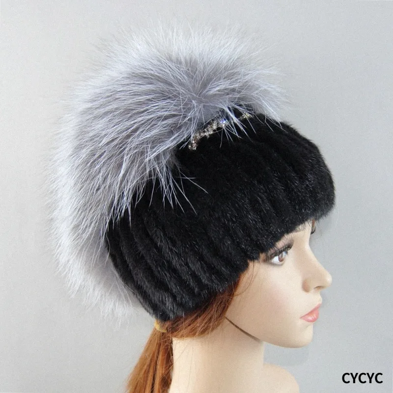 Hot Fashion high quality Real Mink Fox Hat Winter Warm Women Knitting Caps Mink Hats Vertical Weaving With FOX Fur On The Top