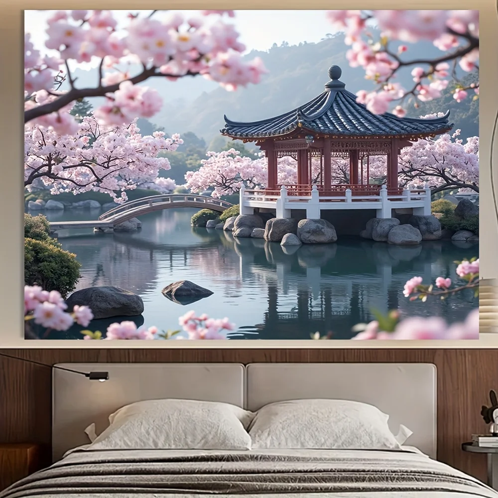 

1 шт., традиционный китайский садовый павильон и настенный гобелен с цветком вишни, полиэфирная ткань, не требуется электричество, праздничный дом