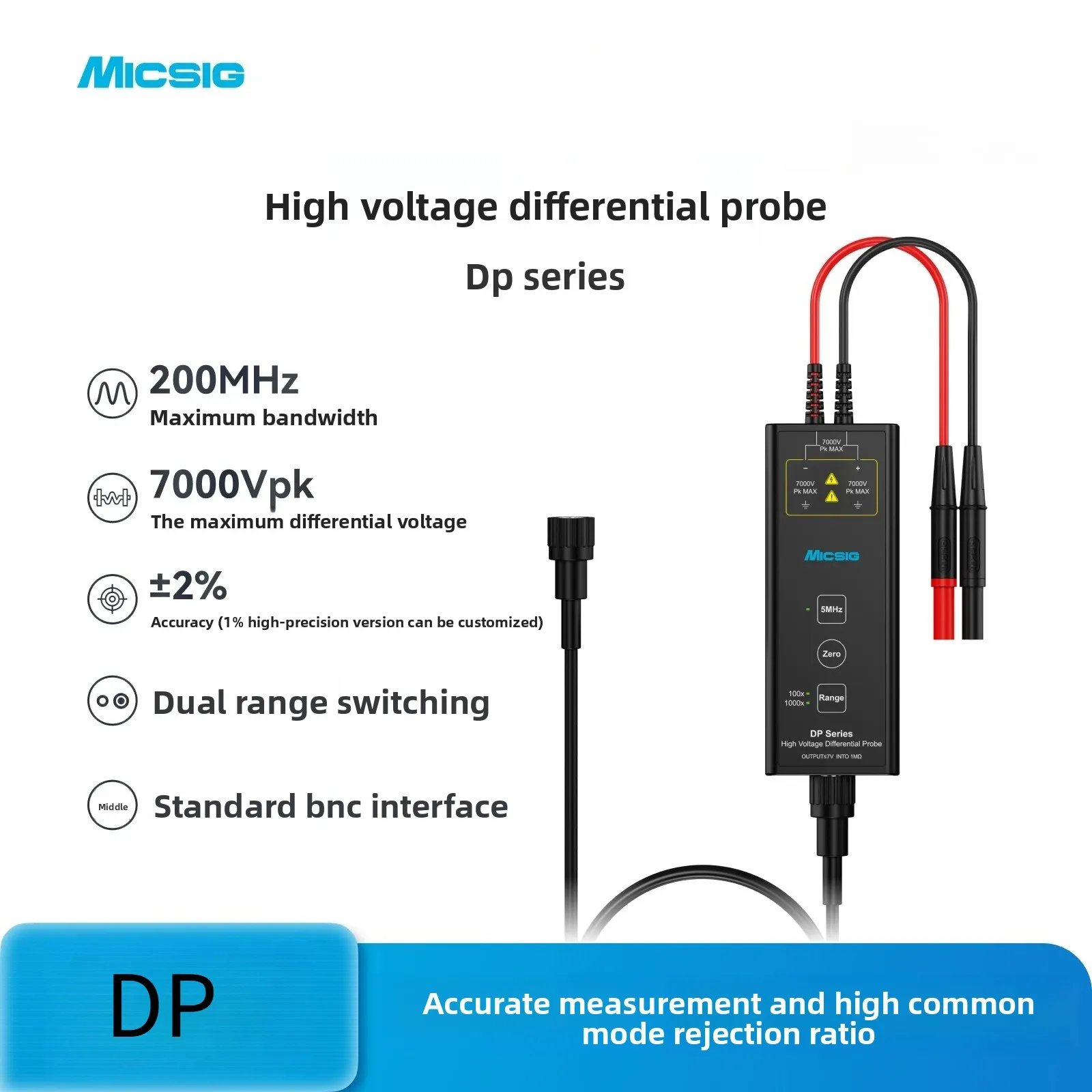 Micsig DP700 DP1500 DP3000 Integrated High Voltage Differential Probe, Max 7000V Measurement, BNC Interface for Oscilloscope