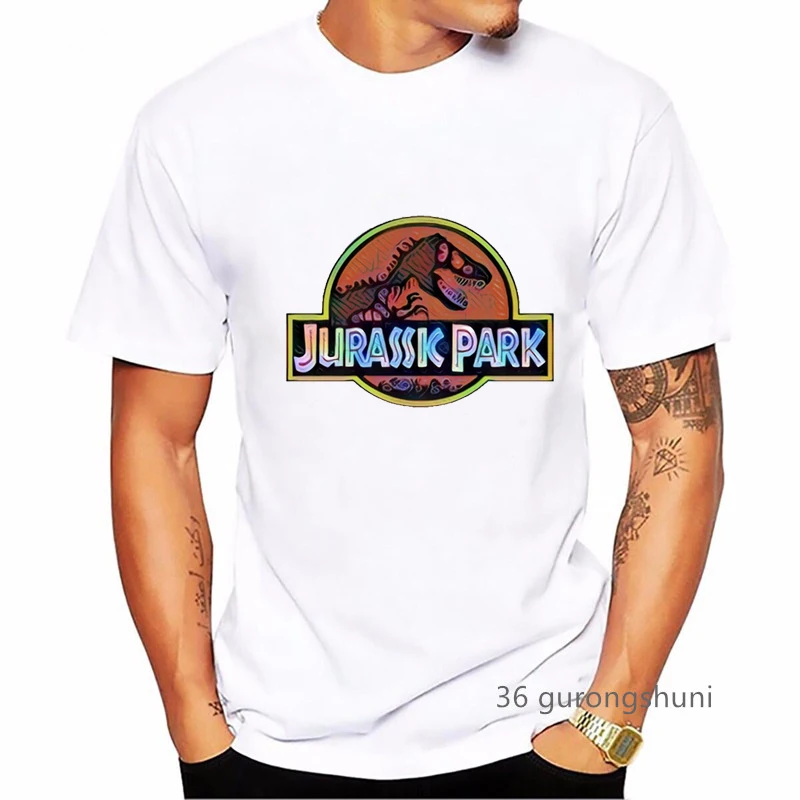 Jurassic Park Print T Shirt Men\'S Clothing Summer Fashion Dinosaur Tshirt Homme White Short Sleeve T-Shirt