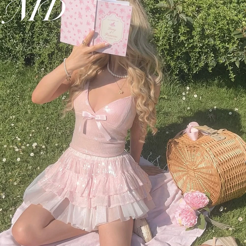 

MD New Sexy Spaghetti Strap Pink Sparkly Mini Evening Gown Tiered Pleat Sleeveless Cocktail Dress Birthday Dress Customized 2025