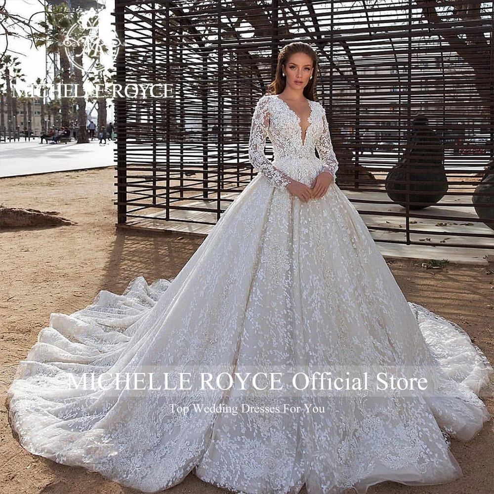 Michelle Royce หรูหราชุดแต่งงานสําหรับผู้หญิง V คอแขนยาว Appliques โรแมนติกชุดแต่งงาน Vestidos De Novia