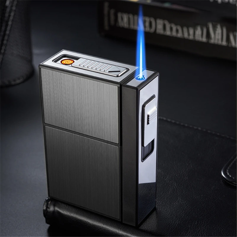 2024 New Can Hold 20 New Metal Cigarette Case Flashlight USB Lighter Windproof Jet Rechargeable Gas Lighter Men\'s Gadget