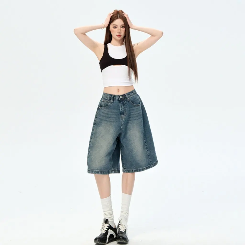 

Женские ретро американские 5-точечные джинсы с высокой талией, свободные широкие брюки, летние новые стильные удобные брюки с пятью точками