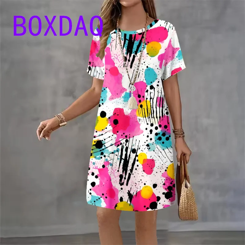 

Colorful Tie dye Flowers Pattern Print Women Dresses Casual Summer Short Sleeve O-Neck Loose A-Line Dresses Street Boho Sundress