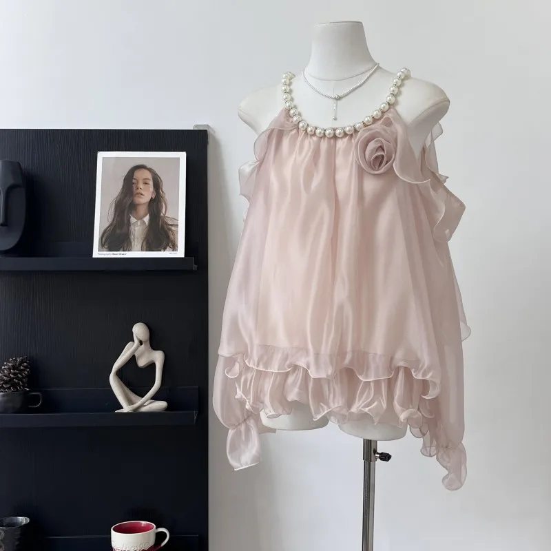 Elegant Ruffle Lace Up Shirt Women Solid See Through Long Flare Sleeve Loose  Shirts 2025 Fashion Summer Pleated Top