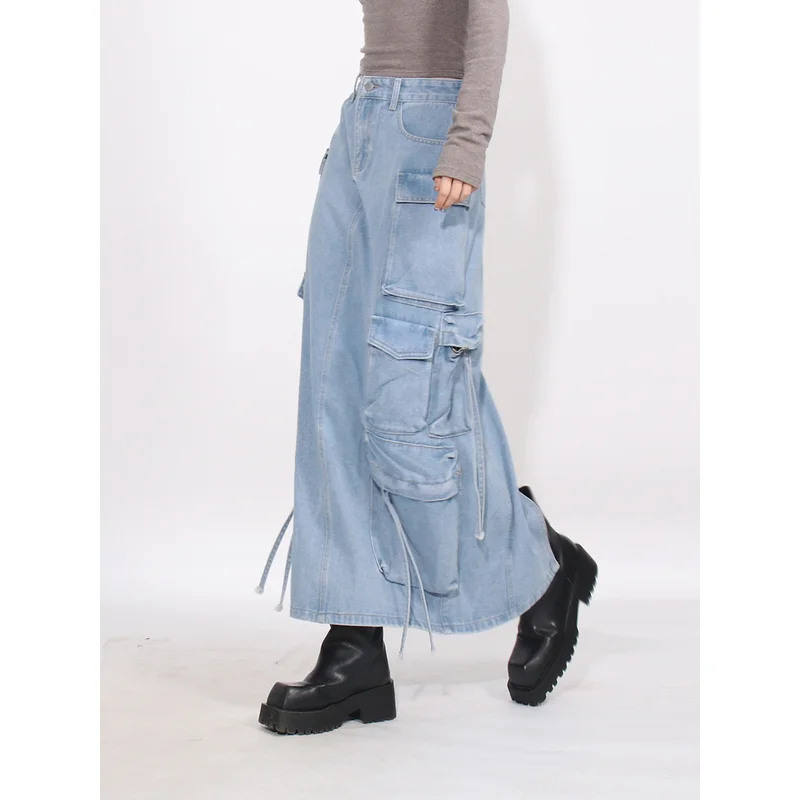

French Retro Style Denim Skirt 2025 Autumn Fashion Patchwork Flap Pocket Tassel Streetwear High Waist Skirt For Women