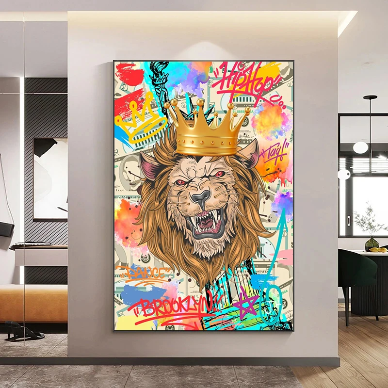 

Modern Graffiti Cartoon Lion Crown Posters Wall Art Canvas Prints Pop Doodle Animals Painting for Living Room Home Decor Picture