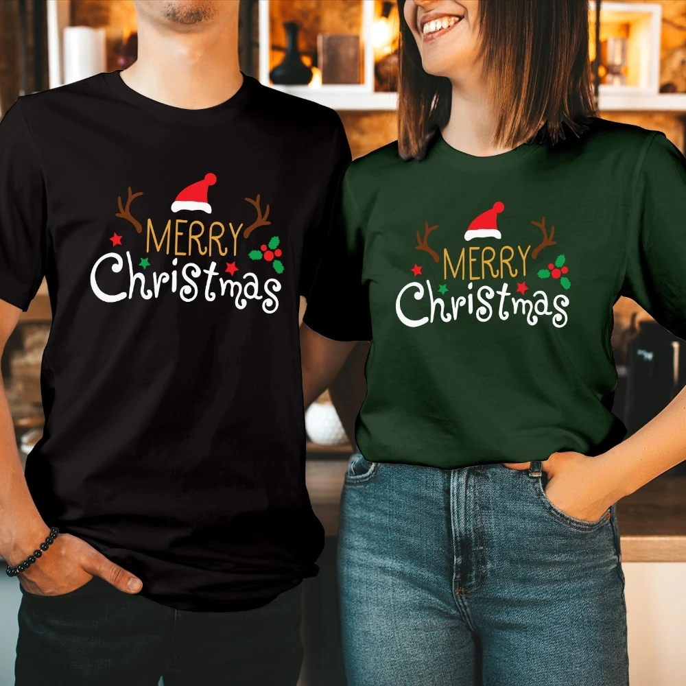 

Рождественская шляпа Санта-Клауса, рубашка с оленями, забавный подарок, рождественская рубашка с короткими рукавами и принтом, модные хлопковые удобные топы