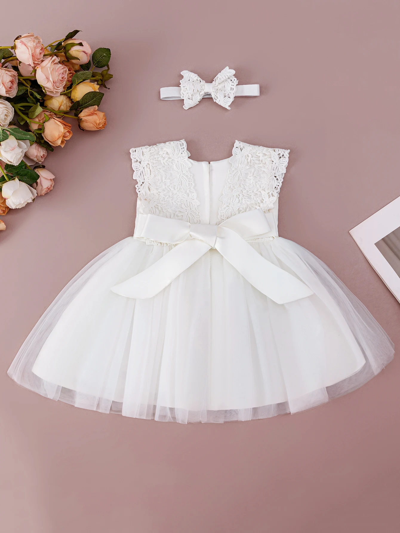 Baby Girl Lace Chiffon Dress White Baptism  Dress Birthday Wedding Flower Girl Dress With Headband
