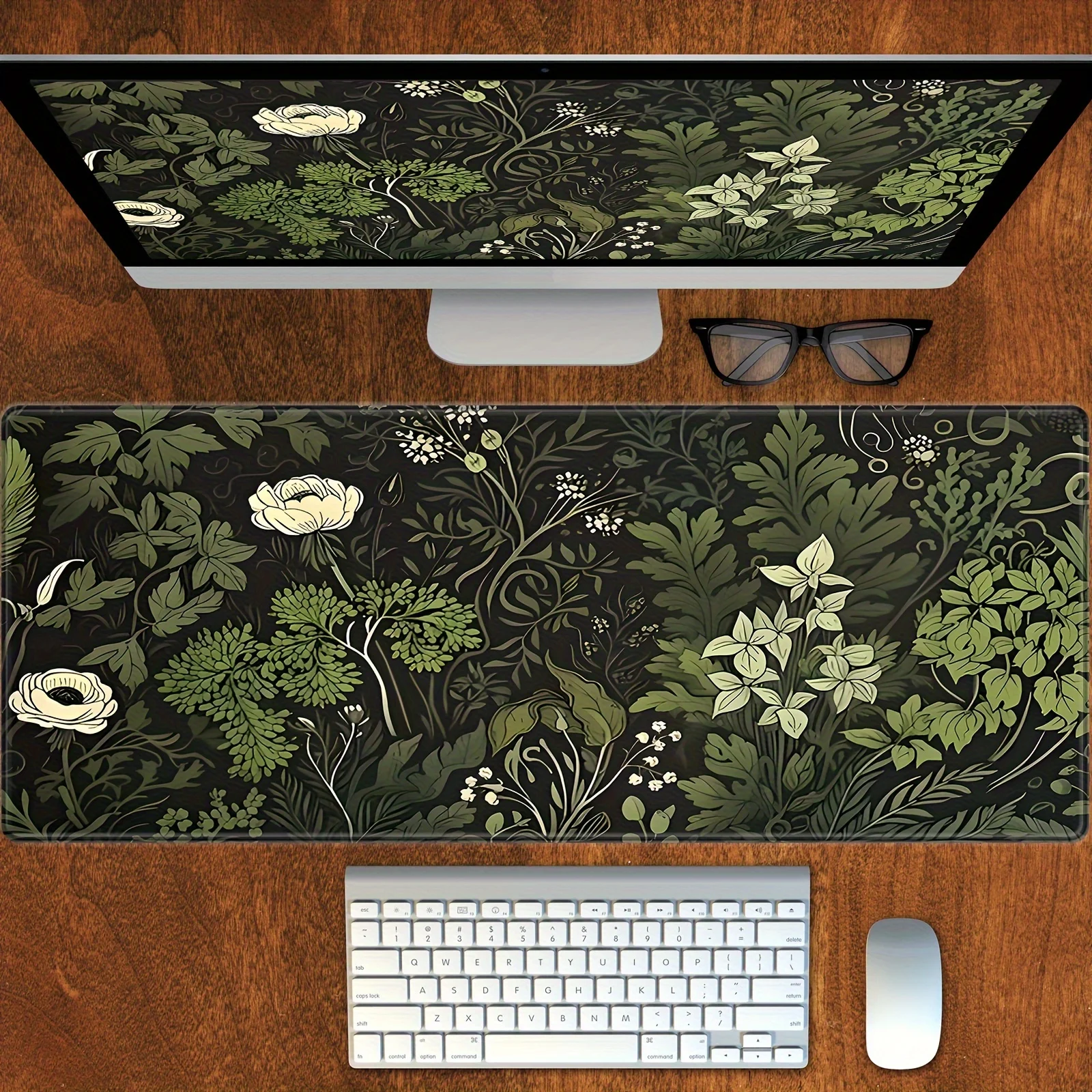 Botanical Green Floral Plant Mouse Pad Large Desk Pad Non-Slip Gaming accessories Mouse Mat Stitched Edges for Office and Home