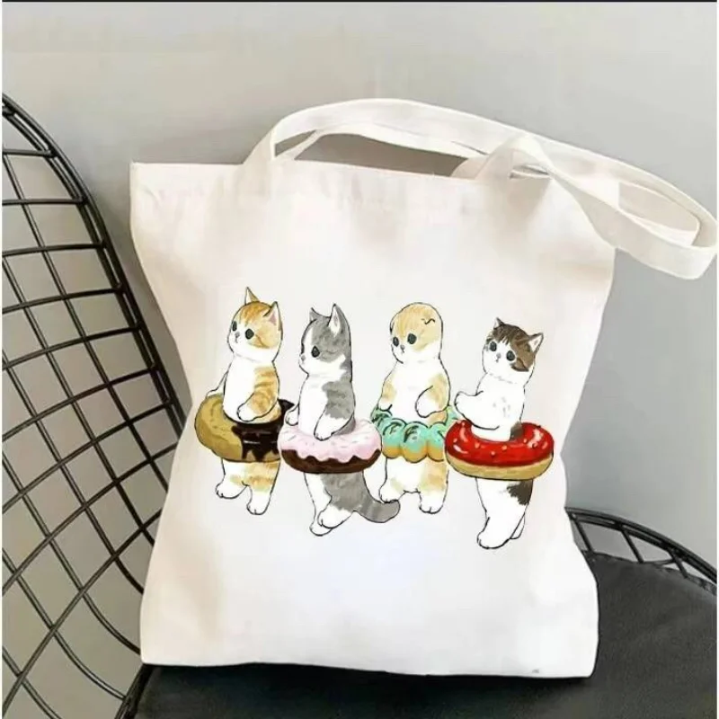 Kawail Cat Canvas Shopping Bag Graphic Harajuku Women Tote Handbag Large Capacity Women Shoulder Bags Eco Fashion Girls Handbags