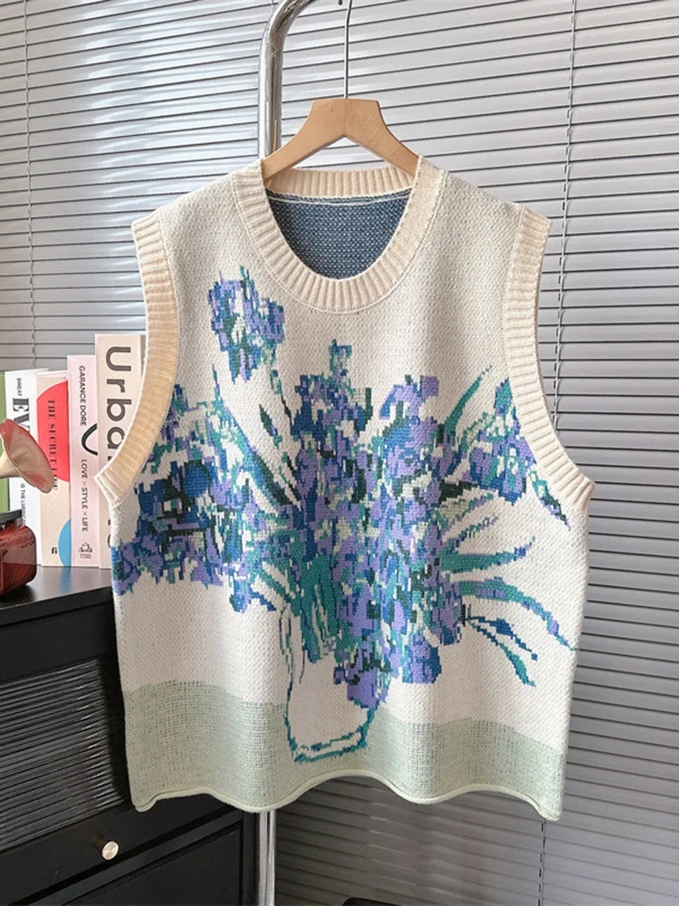 Design Sense Retro Oil Painting Women's Sweater Vest Contrast O Collar Elastic Pullover Knitted Vest 2024 Autumn/winter New