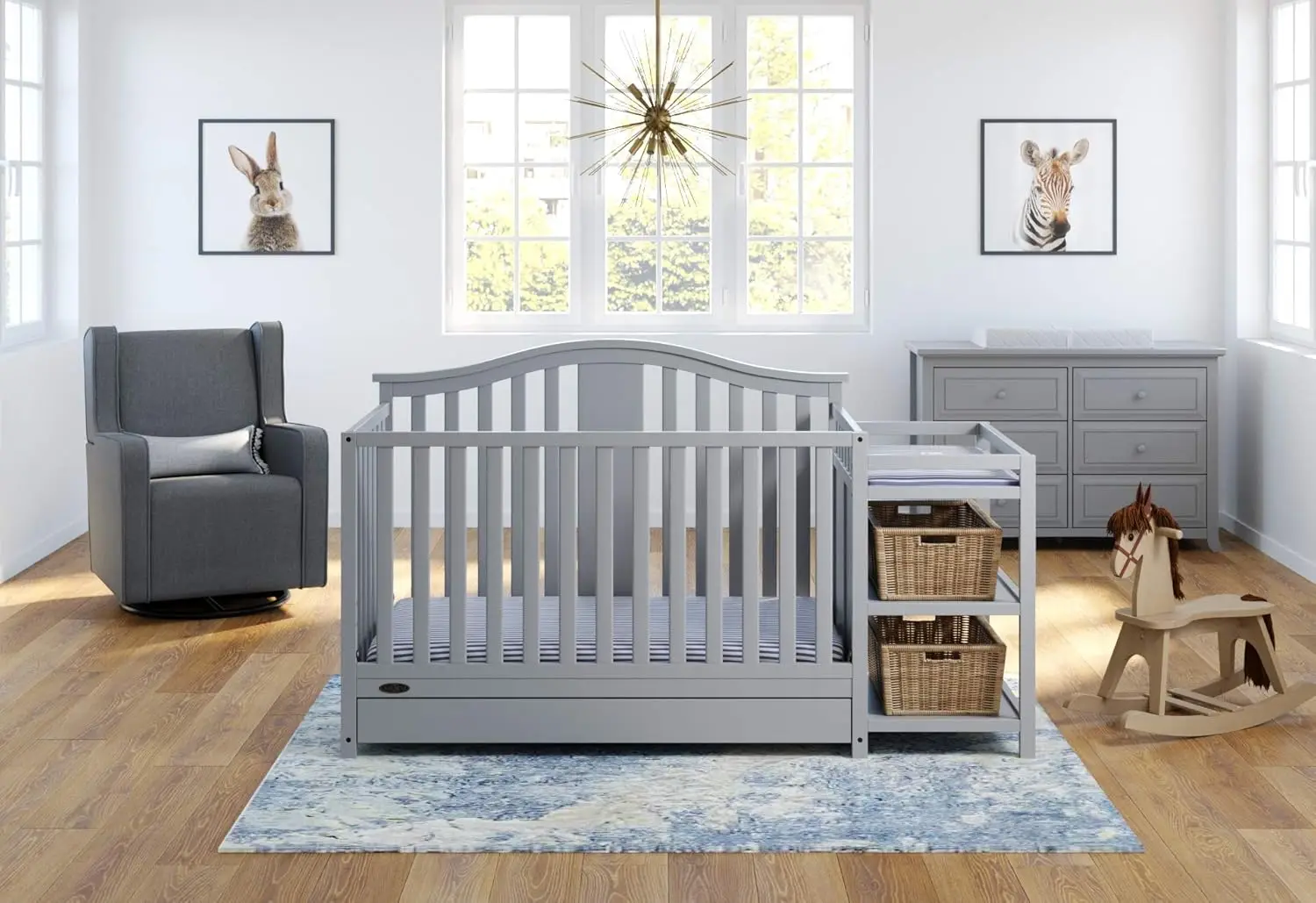 Solano 4-in-1 Convertible Crib and Changer with Drawer (Pebble Gray) – Crib and Changing Table Combo with Drawer