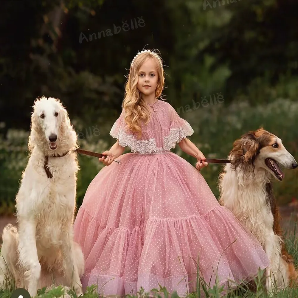 Annabelle Elegant Princess Dress Shawl Floor-Length dress Flower Girl Dress for First Communion Baby Girl Cown