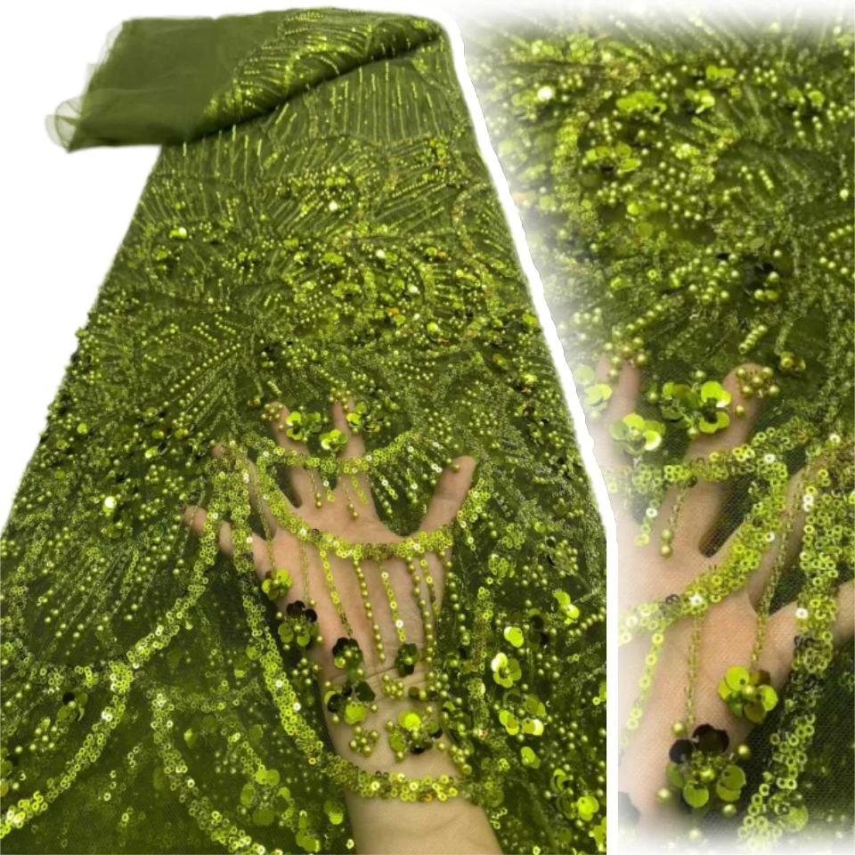 

Зеленая африканская тяжелая кружевная ткань с бисером 2026, высококачественная нигерийская кружевная ткань с пайетками для свадебных и праздничных платьев, 5 ярдов, 2318