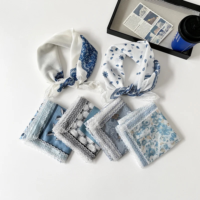 

Women Lace Trim Square Scarf Cotton and Linen Feel Printed Neck Scarf Summer Sun Protection Neckerchief Soft Bandana for Daily