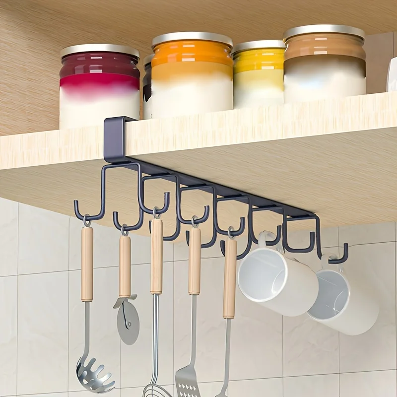 1pc Home Simple Kitchen Double Row Hook Hanging Traceless Iron Cup Hook Hanging Rack For Kitchen Bathroom Bedroom