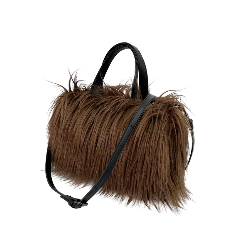 Sac à Main en Fausse Fourrure Mongole pour Femme, Peluche Moelleuse, Chaud, Grandes Marques, Hobo Shopper, Sacs à Main en Forme de Cœur