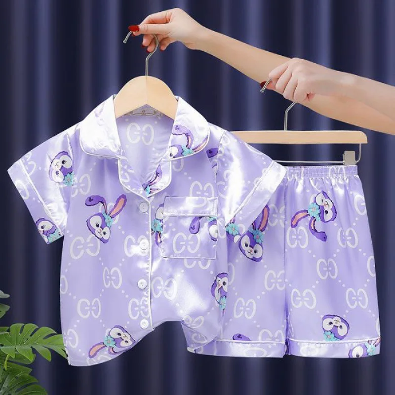 Children's Ice Silk Pajamas Set Girls Sanrio Hello Kitty Cartoon Turn-down Collar Short Sleeve Top + Shorts 2Pcs Kids Nightwear