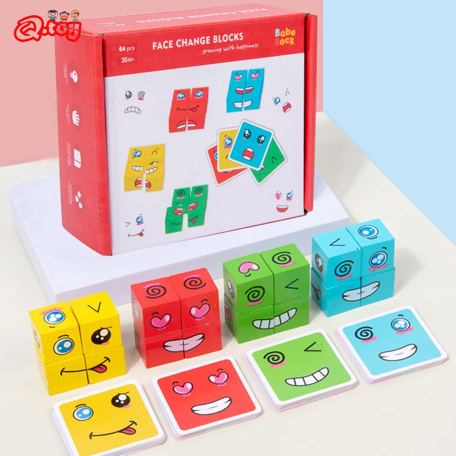 Kids Face Change Cube Game Montessori Expression Puzzle Building Blocks Toys Early Learning Educational Match Toy for Children