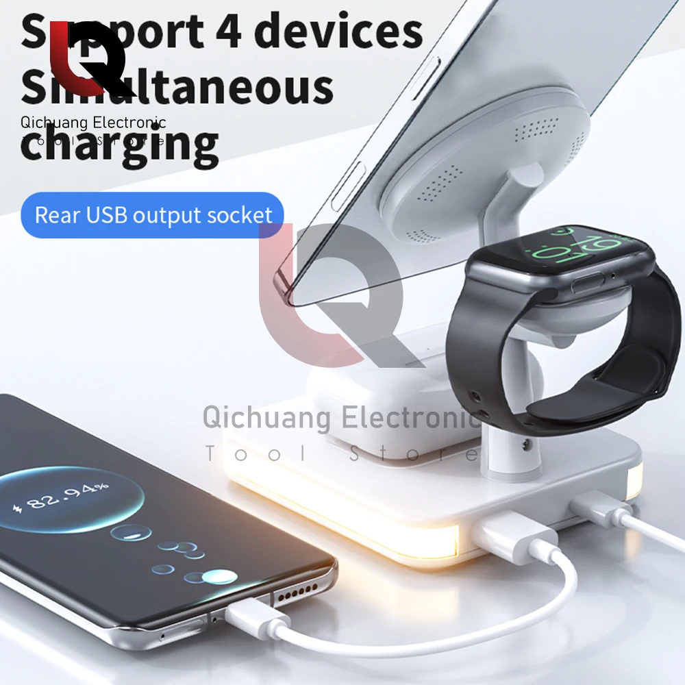 25W 4 in 1 Magnetic Wireless Charger Stand For iPhone 13/14/15 Smart Watch 8 7 6 5 Fast Charging Dock Station With LED Light