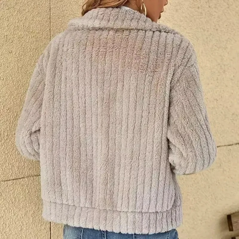 Women's Plush Cardigan Autumn Winter Thick Fleece Warm Zipper Jacket Lapel Collar Solid Casual Outerwear 2026