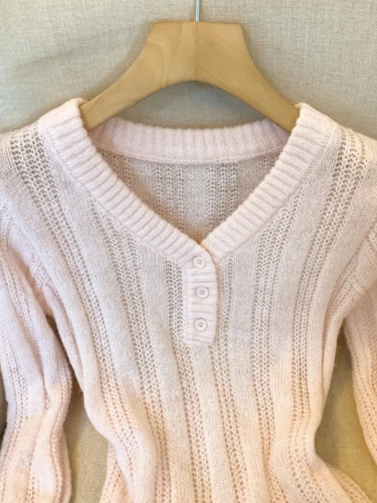 الحلو الوردي V-Ne طويل Sve محبوك قاعدة irt المرأة Faion الخريف الشتاء سليم صالح ملابس داخلية سترة بسيطة Sle #3