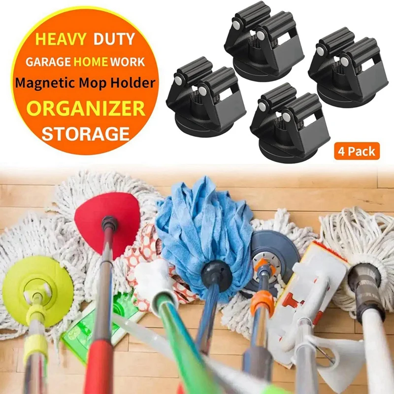 4Pcs Magnetic Mop Broom Holder Strong Broom Mop Holder Wall Mounted Suitable For Garage Kitchen Laundry Workshop